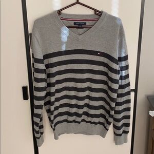 Tommy Hilfiger Gray and Blue V Neck Sweater L